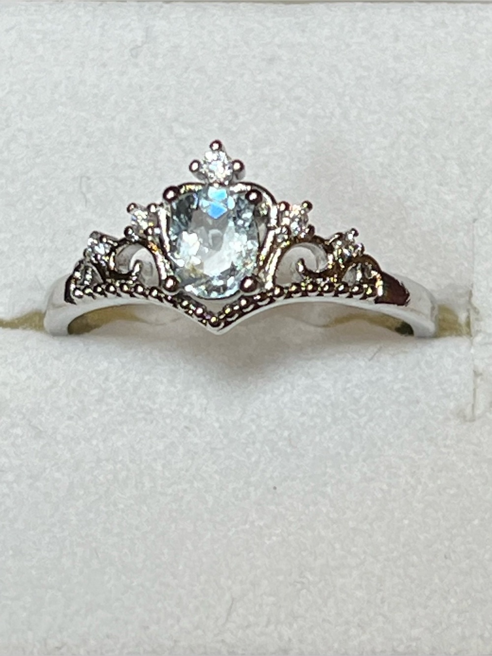 Unique Silver Crown Halo Ring with Sky Blue Center Stone Adjustable